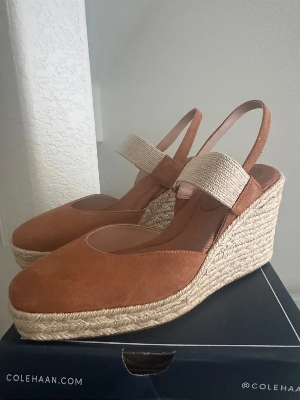 Cole Haan Rustic Tan Suede Espadrille Wedge Slingbacks